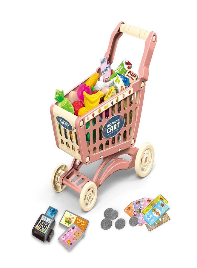 RedCrab Kids Shopping Cart Toy Supermarket 54pcs Playset Included Grocery Cart Toy,Credit Card Pretend Fruit Vegetables Shop Accessories for Boy Girl Kid (Pink) - Image 1